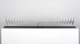 Martin Willing: Wellendoppelschwinger, 2003/2009, 3 Exemplare und 2 Künstlerexemplare, Duraluminium, mit Vorspannung aus Block geschnitten, Blankstahlplatte, H 20 cm, L 130 cm